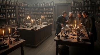 Cuatro hombres vestidos de época observan recipientes con sanguijuelas en una botica antigua. Estantes llenos de frascos, mesas con herramientas y velas.