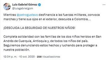 Luis Gabriel Gómez, político del departamento, sobre explosión que afecto a dos niños - crédito @luisgabrielgom/X