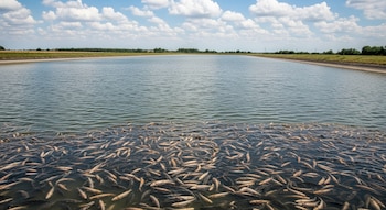 Un estanque con numerosos peces muertos flotando en la orilla, rodeado de tierra cubierta con césped y árboles bajo un cielo azul con nubes blancas.