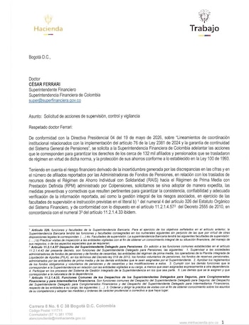 Los ministros Germán Ávila y Antonio Sanguino pidieron a la Superintendencia Financiera de Colombia que compruebe si las AFP transfirieron la totalidad de los recursos de los afiliados que migraron de fondos privados a Colpensiones - crédito Ministerio de Hacienda y Ministerio del Trabajo