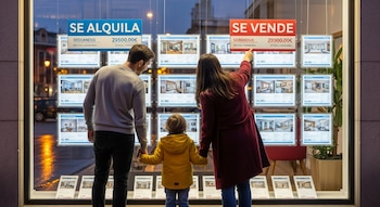Hombre, mujer y niño miran el escaparate de una agencia inmobiliaria. Se ven anuncios luminosos con fotos de pisos en venta y alquiler.