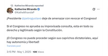 La congresista Katherine Miranda pidió