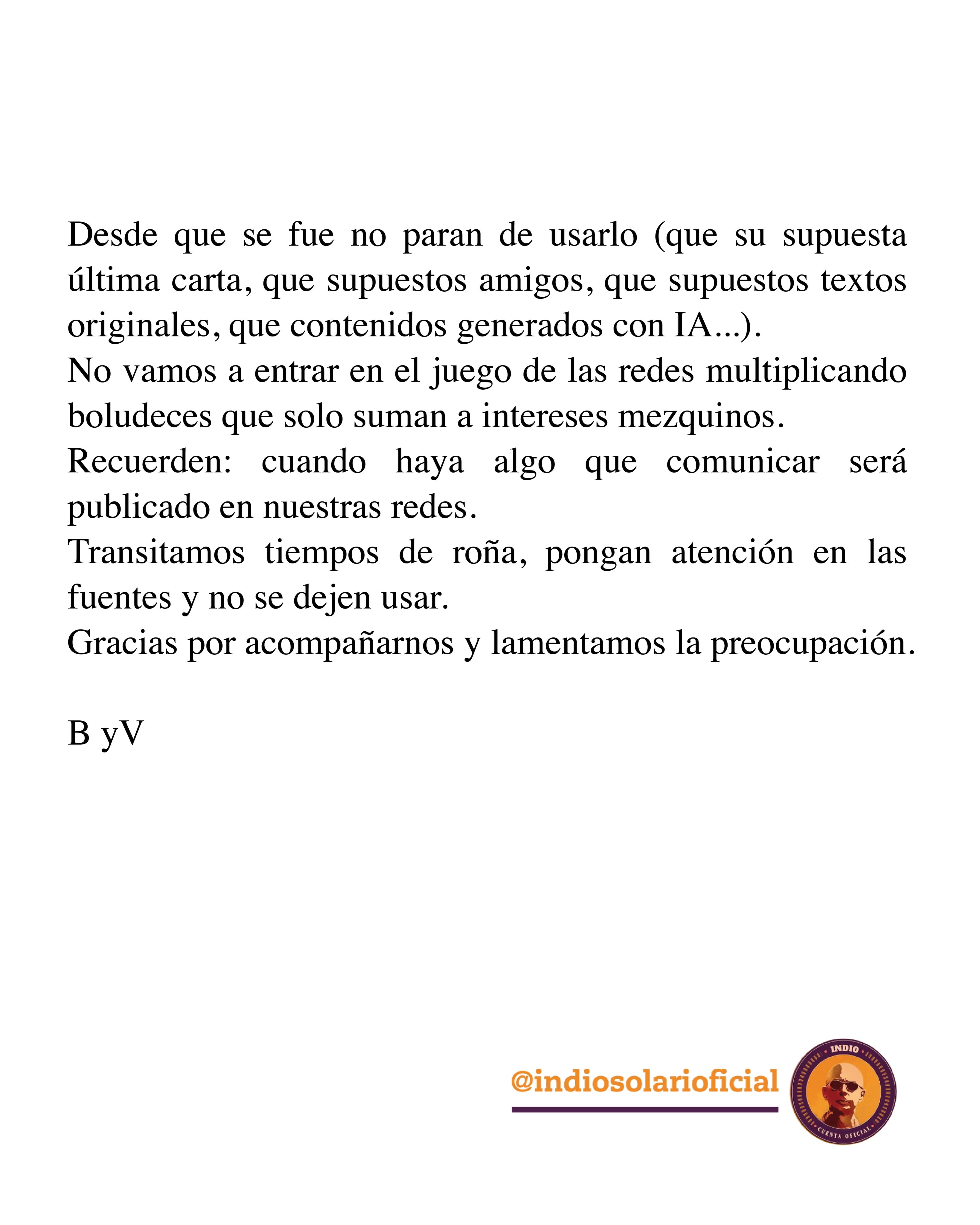 El comunicado difundido en la cuenta oficial del músico y firmado con las iniciales de Bruno y Virginia