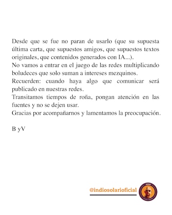 Texto en negro sobre fondo blanco firmado como B y V, acompañado por el usuario de Instagram @indiosolarioficial y su logotipo