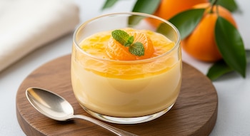 Un vaso de cristal con posset de mandarina cremoso y gelatina, decorado con gajos de mandarina y menta, sobre una tabla de madera con una cuchara.