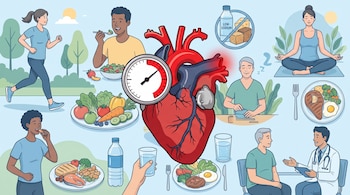Un corazón con tensiómetro central rodeado de personas realizando ejercicio, comiendo verduras, descansando y en consulta médica.