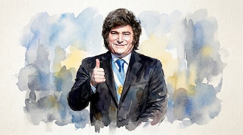 Ilustración en acuarela de Javier Milei de frente, sonriendo y con pulgar arriba. Viste traje, corbata azul y banda presidencial argentina sobre fondo abstracto.