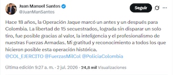 Juan Manuel Santos agradeció a las Fuerzas Militares por su esfuerzo y despliegue en la misión que rescató a 15 secuestrados por las extintas Farc
- crédito @JuanManSantos/X