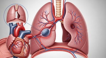 Ilustración anatómica detallada del corazón y los pulmones humanos. Un coágulo azul se observa en una arteria pulmonar, resaltado con un círculo.