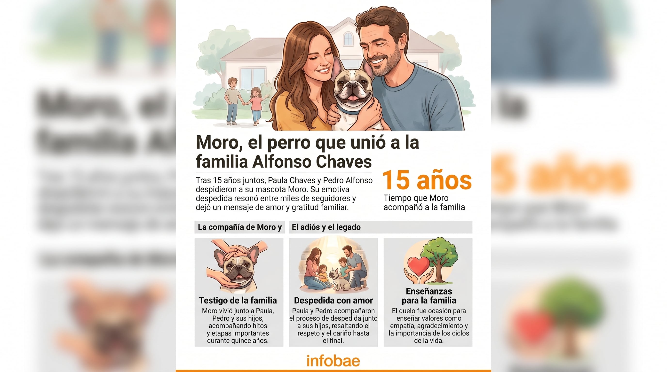 La infografía ilustra la vida de Moro, el bulldog francés de la familia Alfonso-Chaves, durante 15 años, su emotiva despedida y el legado de amor y unidad que dejó. (Imagen Ilustrativa Infobae)