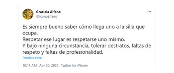 El tuit de Graciela Alfano