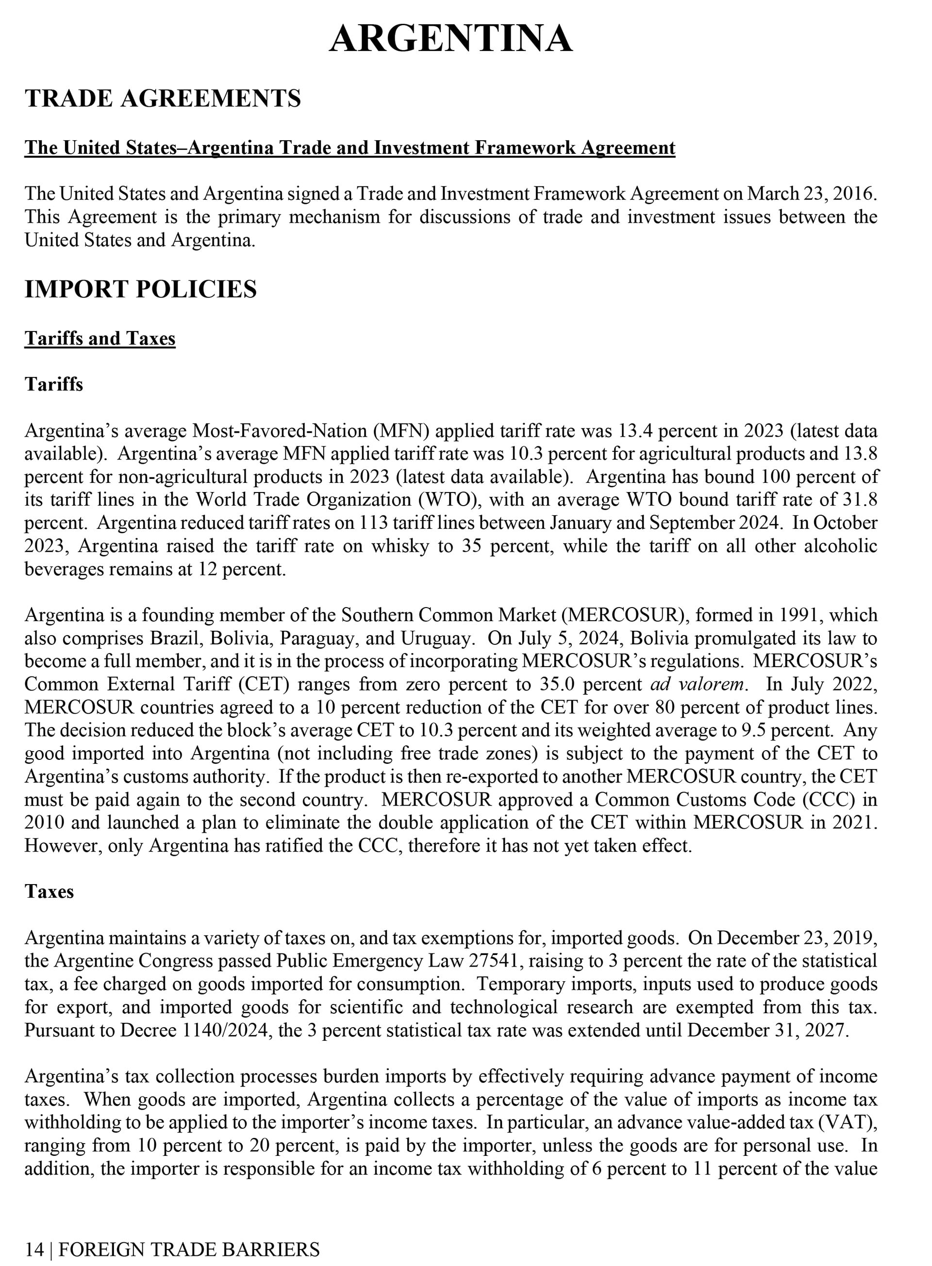 Facsímil de la página 22 del documento oficial publicado en Washington para describir las barreras arancelarias que sufren los productos de Estados Unidos en Argentina