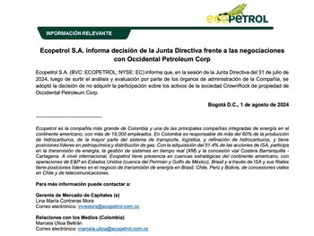Ecopetrol informó su decisión de no participar de CrownRock en un escueto comunicado - crédito Ecopetrol