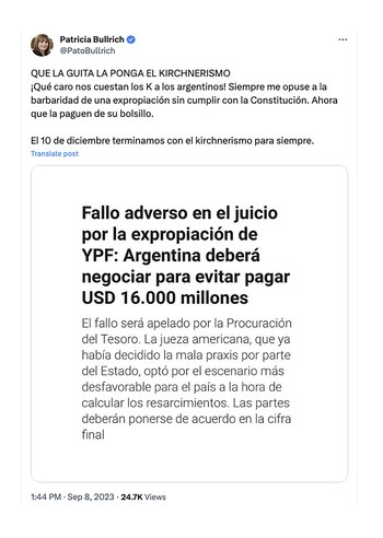 Tuit de Patricia Bullrich
