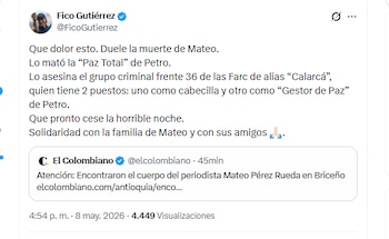El alcalde Federico Gutiérrez condenó el asesinato del periodista Mateo Pérez - crédito @FicoGutierrez/X