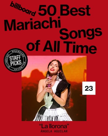 Gráfico rojo con el título 50 Best Mariachi Songs of All Time y una foto de la cantante Ángela Aguilar sobre el escenario con un micrófono rosa
