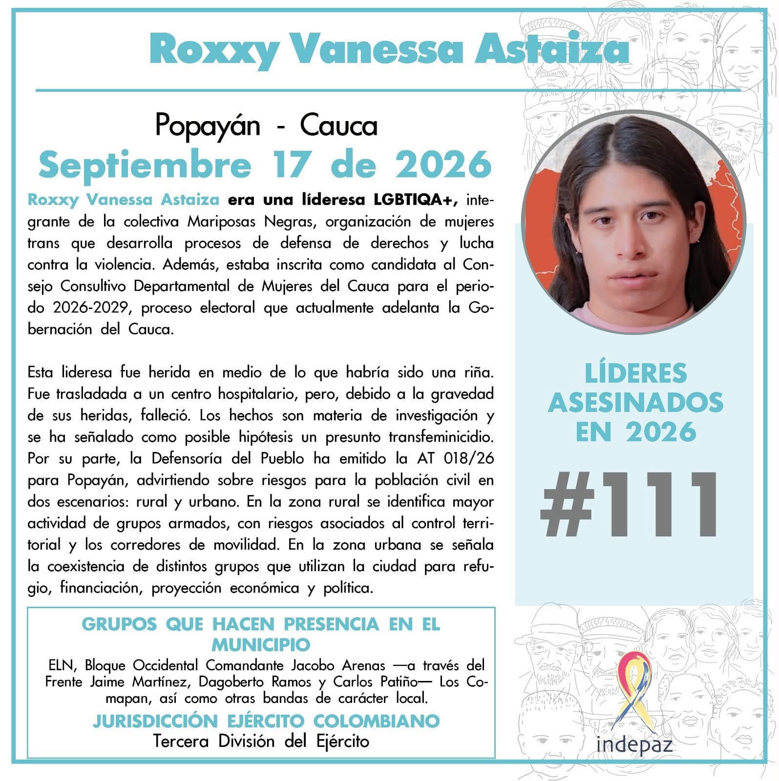 Murió Roxxy Vanessa Astaiza, lideresa trans y candidata en Cauca - crédito @Indepaz/X