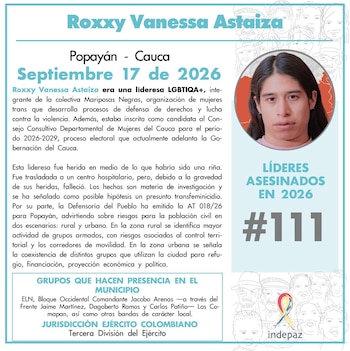 Murió Roxxy Vanessa Astaiza, lideresa trans y candidata en Cauca - crédito @Indepaz/X
