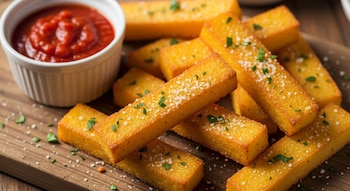 Primer plano de bastones de polenta caseros dorados y crujientes, espolvoreados con hierbas y sal, junto a un cuenco blanco de salsa de tomate en una tabla de madera.
