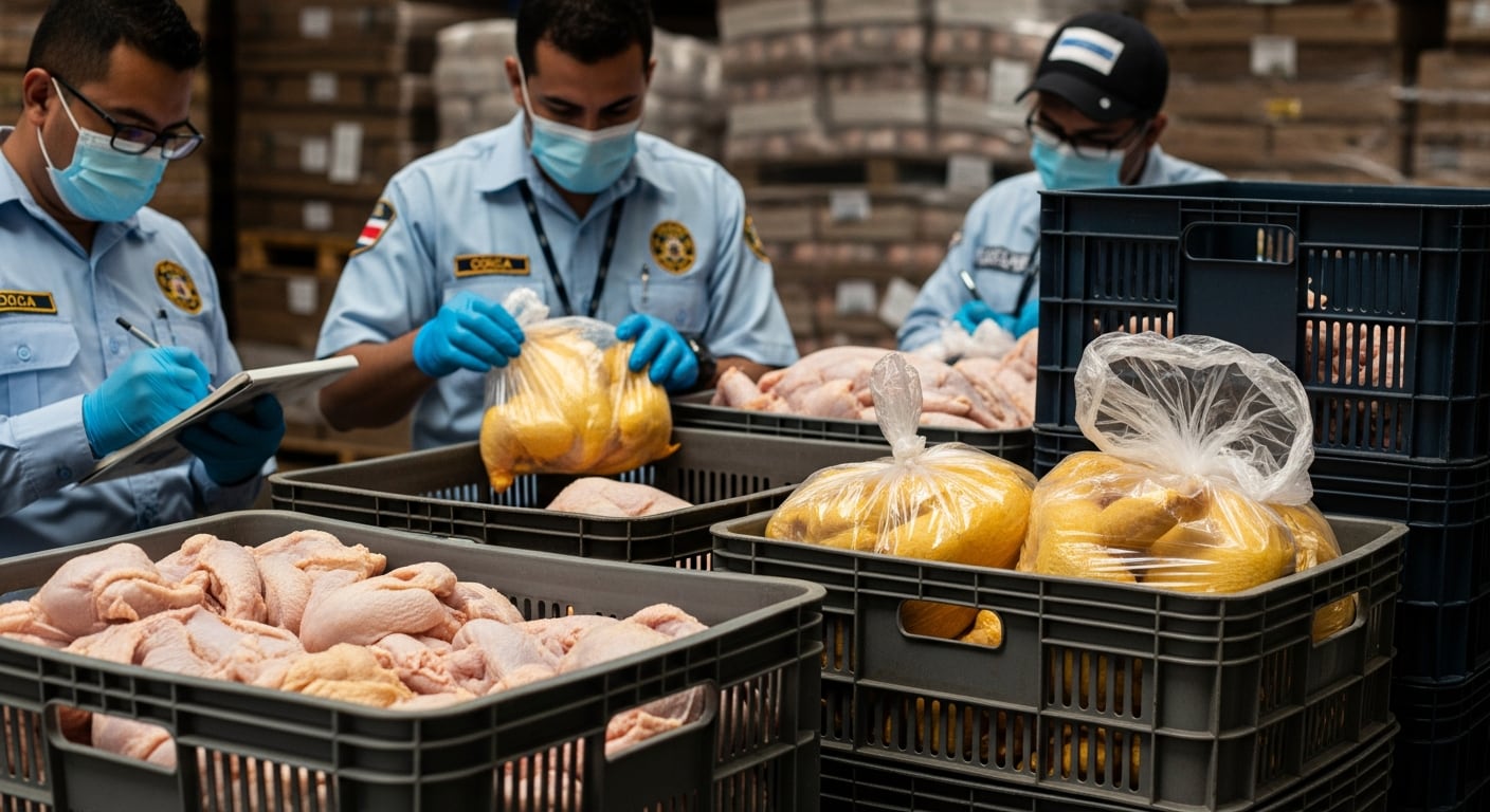 Personal de las autoridades de Costa Rica inspecciona y registra cajas con pollo crudo decomisado por falta de respaldo sanitario en una bodega. (Imagen Ilustrativa Infobae)