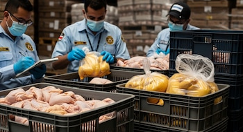 Tres hombres con mascarillas, guantes azules y uniformes celestes inspeccionan cajas plásticas negras llenas de pollo crudo, algunos trozos embolsados, en un almacén.
