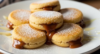Primer plano de seis gorditas de leche condensada rellenas de cajeta, apiladas en un plato blanco, espolvoreadas con azúcar glas y con cajeta desbordándose.