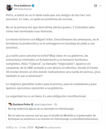 El alcalde de Medellín criticó abiertamente la postura del presidente Gustavo Petro de proteger a criminales bajo la excusa de la negociación de paz - crédito @FicoGutierrez/X