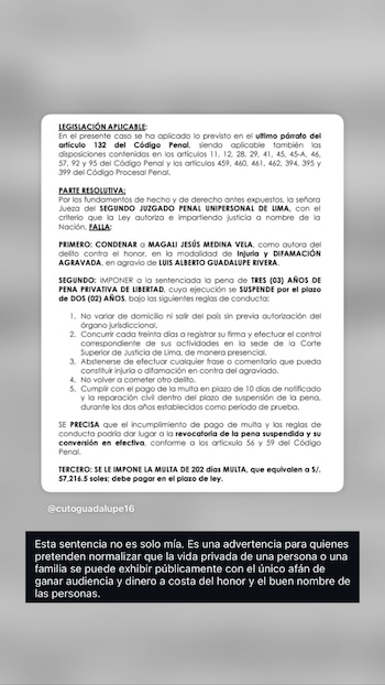 Carla Campos Salazar compartió en Instagram el mensaje de Cuto Guadalupe tras la sentencia de primera instancia contra Magaly Medina.