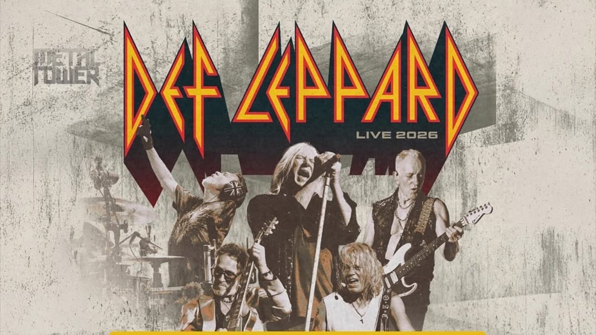 Un cartel promocional anuncia la gira de actuaciones en directo de la banda de rock Def Leppard para el año 2026.