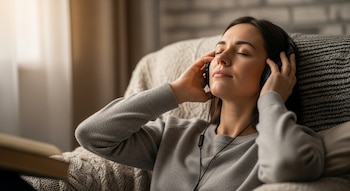 Mujer con jersey gris sentada en un sillón, escuchando música con auriculares negros y los ojos cerrados, en una habitación con luz suave de ventana.