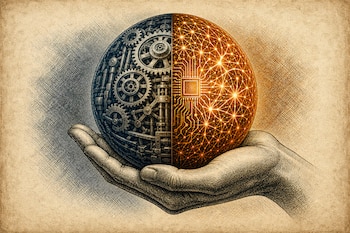 Una mano sostiene una esfera dividida en dos partes: una con engranajes mecánicos y otra con circuitos integrados y conexiones luminosas.