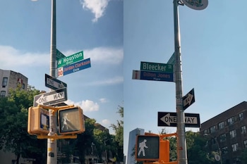 Poste con señales de calles como W Houston Street, Jordan Clarkson Circle, Bleecker St, Dillon Jones Place, y semáforos peatonales
