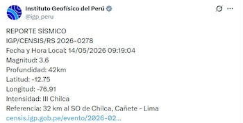 El Instituto Geofísico del Perú informó que el temblor alcanzó intensidad III en Chilca, por lo que fue percibido de manera leve y no generó alarma entre los habitantes - Créditos: @igp_peru.