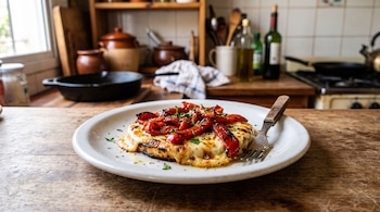 Un plato blanco contiene una provoleta asada con tiras de morrón rojo y un tenedor sobre una mesa de madera.