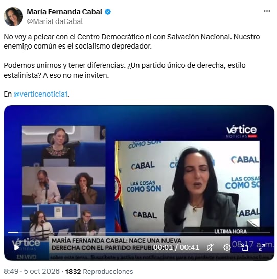 María Fernanda Cabal descartó disputas con el Centro Democrático y Salvación Nacional - crédito @MariaFdaCabal/X