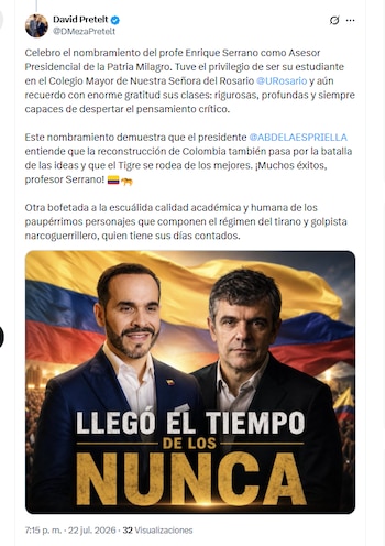 David Pretelt, exasesor del presidente electo Abelardo de la Espriella, celebró la designación de Enrique Serrano como asesor presidencial - crédito @DMezaPretelt/X