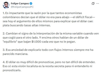 Felipe Campos, economista, afirmó que el dólar es muy difícil de pronosticar, pero no tan difícil de entender - crédito @FelipeCamposPC/X