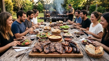 Personas sentadas a una mesa de madera con carne asada, embutidos, ensaladas, pan, copas de vino y un hombre junto a una parrilla al fondo.