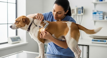 Veterinaria de uniforme azul examina la piel de un perro marrón y blanco con un dermatoscopio luminoso en una sala de consulta iluminada.