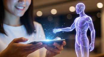 Una persona sonriente sostiene un móvil. De la pantalla, un avatar humano holográfico púrpura y azul le extiende la mano.