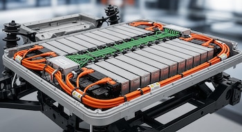 Primer plano de un paquete de baterías de vehículo eléctrico con módulos grises, cables naranjas de alto voltaje y cables verdes sobre un chasis.