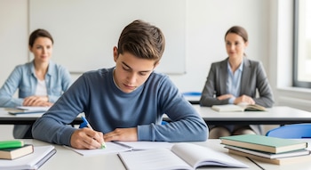 Un adolescente escribe y borra en un cuaderno sobre un escritorio de aula. Una profesora observa desde el fondo junto a otra persona. Hay libros y una pizarra.