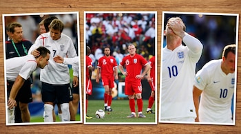 Tres fotografías juntas de jugadores de fútbol en camisetas blancas y rojas. En una, David Beckham con la camiseta número 7. En otras, Wayne Rooney con la número 10.
