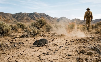 Un pequeño roedor gris en primer plano sobre tierra seca y agrietada en un desierto. Al fondo, una persona con mochila camina entre arbustos y montañas