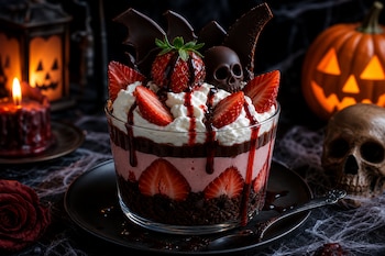 Postre en vaso transparente con fresas, crema y chocolate, rodeado por una calabaza de Halloween, una calavera y una vela encendida.
