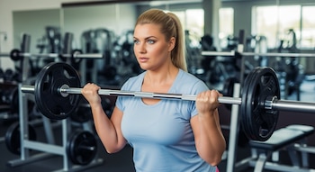 Una mujer rubia de camiseta celeste sujeta una barra con discos de pesas. De fondo se ven máquinas y espejos de gimnasio.