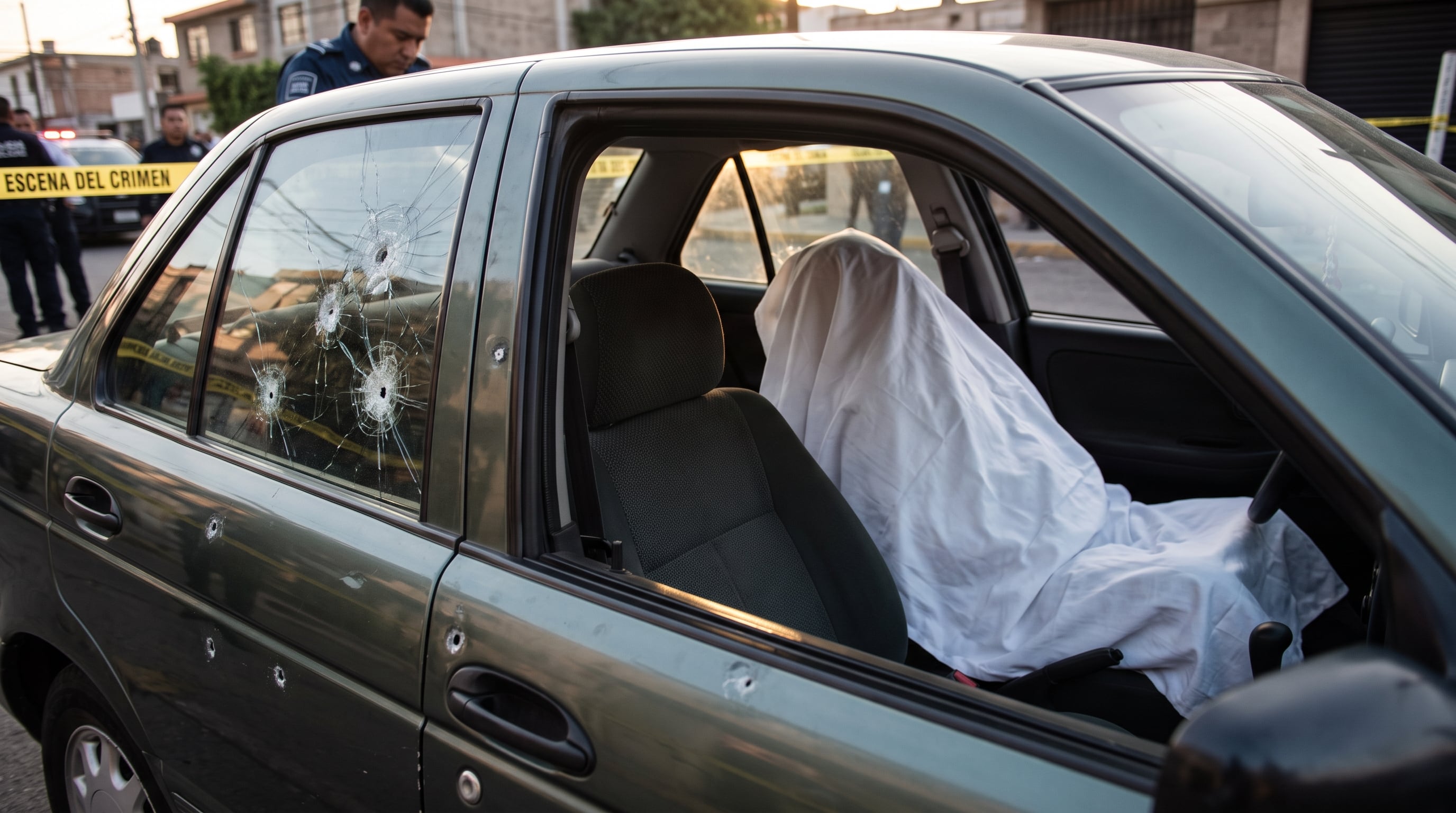 Agentes de policía resguardan la escena de un crimen donde un vehículo muestra múltiples impactos de bala y el cuerpo del conductor permanece cubierto. (Imagen Ilustrativa Infobae)