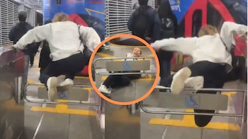 En video quedó captada una mujer que intentó evadir el pago del pasaje, saltando el torniquete en TransMilenio: se cayó y se golpeó fuerte
