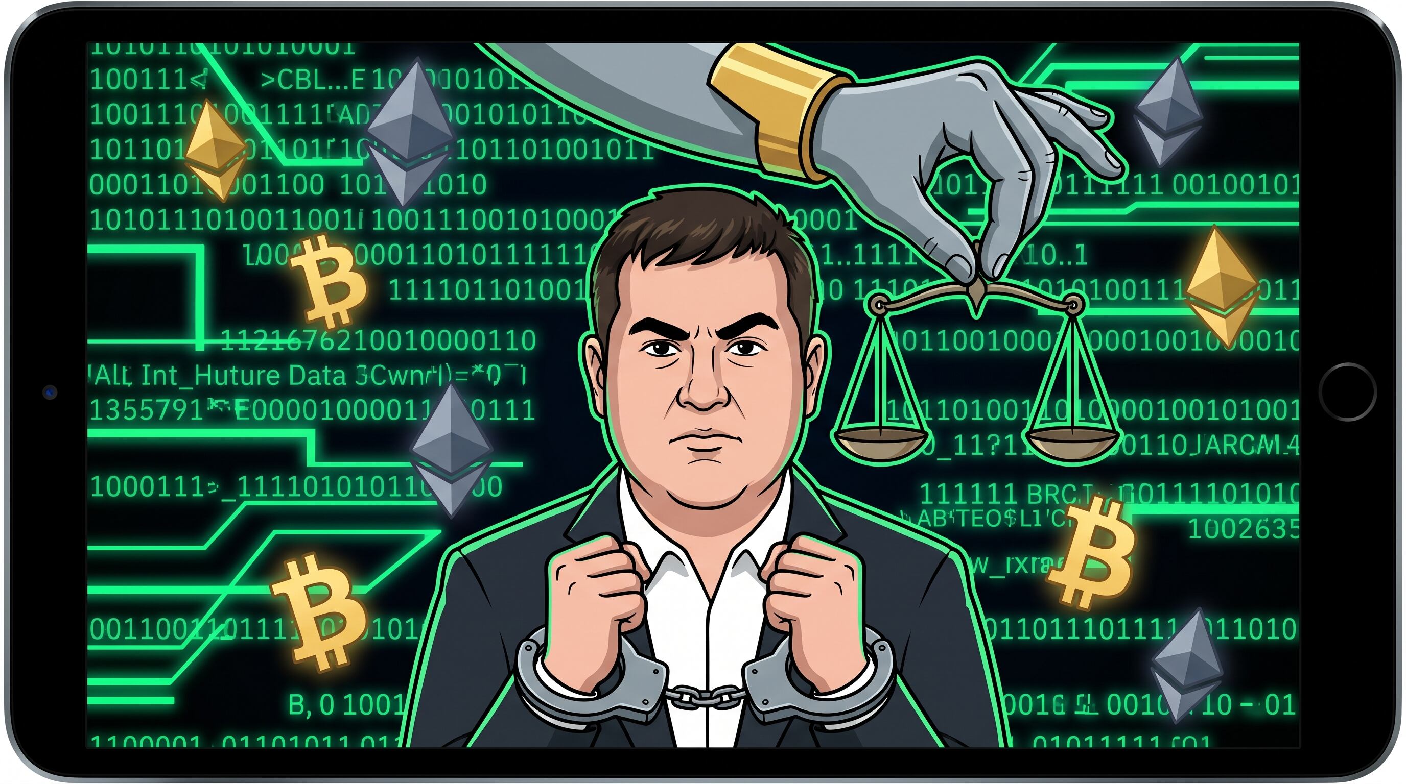Una caricatura política de Ernesto Ortega Padgett esposado, con una mano de la justicia y balanzas sobre un fondo digital con criptomonedas. (Imagen Ilustrativa Infobae)