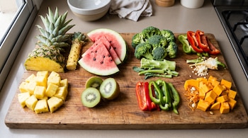 Tabla de madera con trozos de ananá, sandía, kiwi, brócoli, pimientos y calabaza junto a sus cáscaras, tallos y semillas.